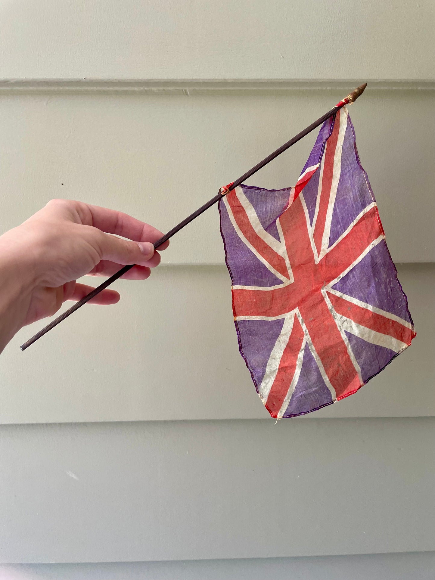 Antique silk United Kingdom parade flag, small ceremonial UK waving flag on stick