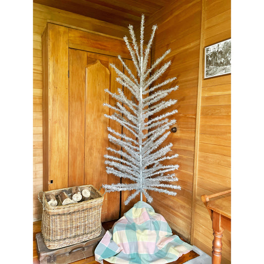 7 foot Vintage silver Christmas tree - midcentury modern stainless tinsel xmas tree