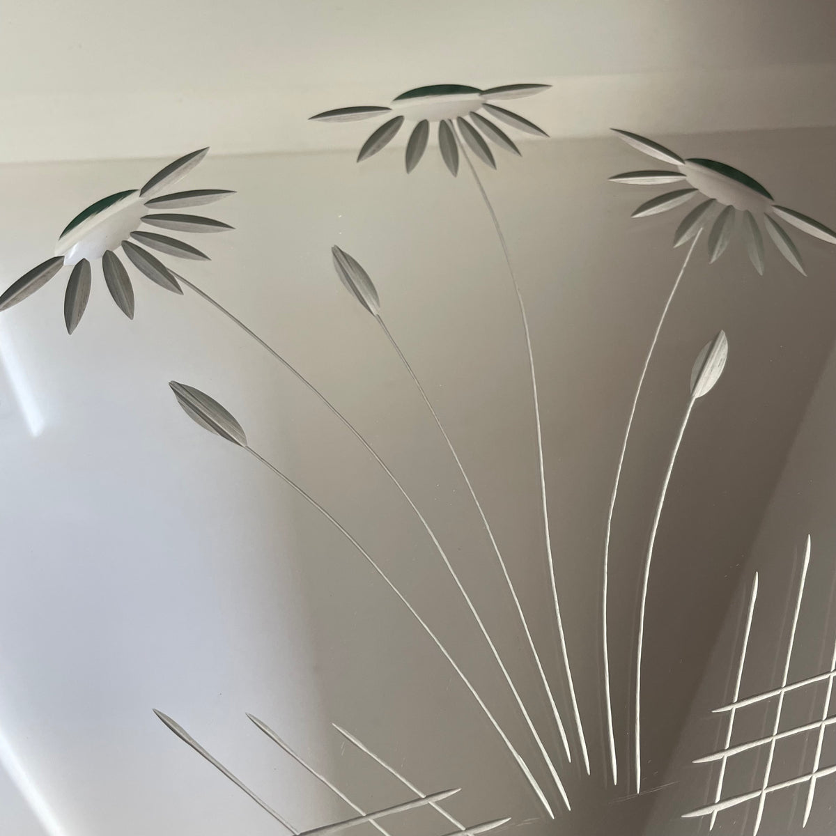 Upsy-Daisy Mirror - retro oval mirror with scalloped bevels and etched floral design