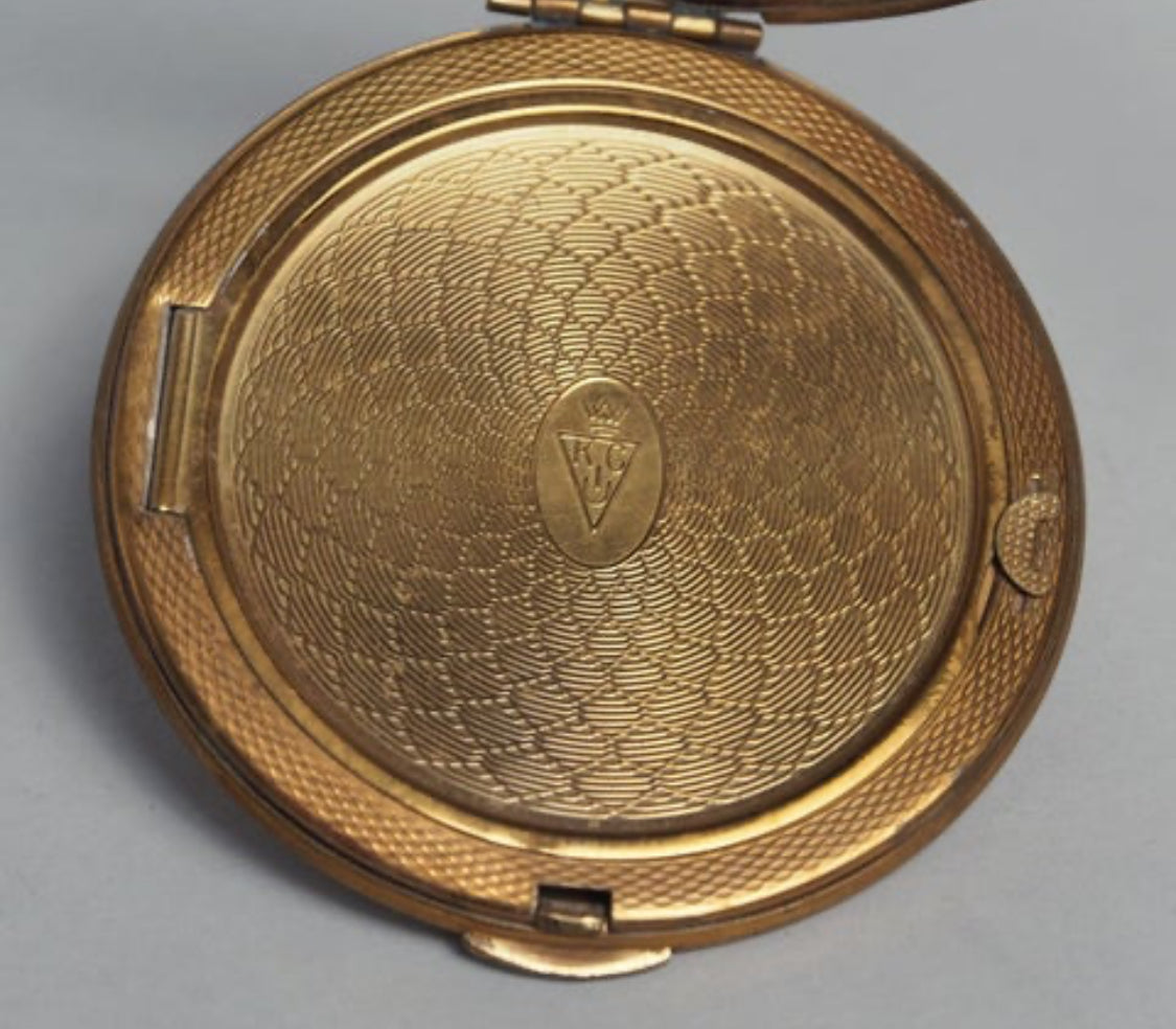 Antique brass compact mirror engraved with kiwi and map of New Zealand - souvenir makeup powder compact