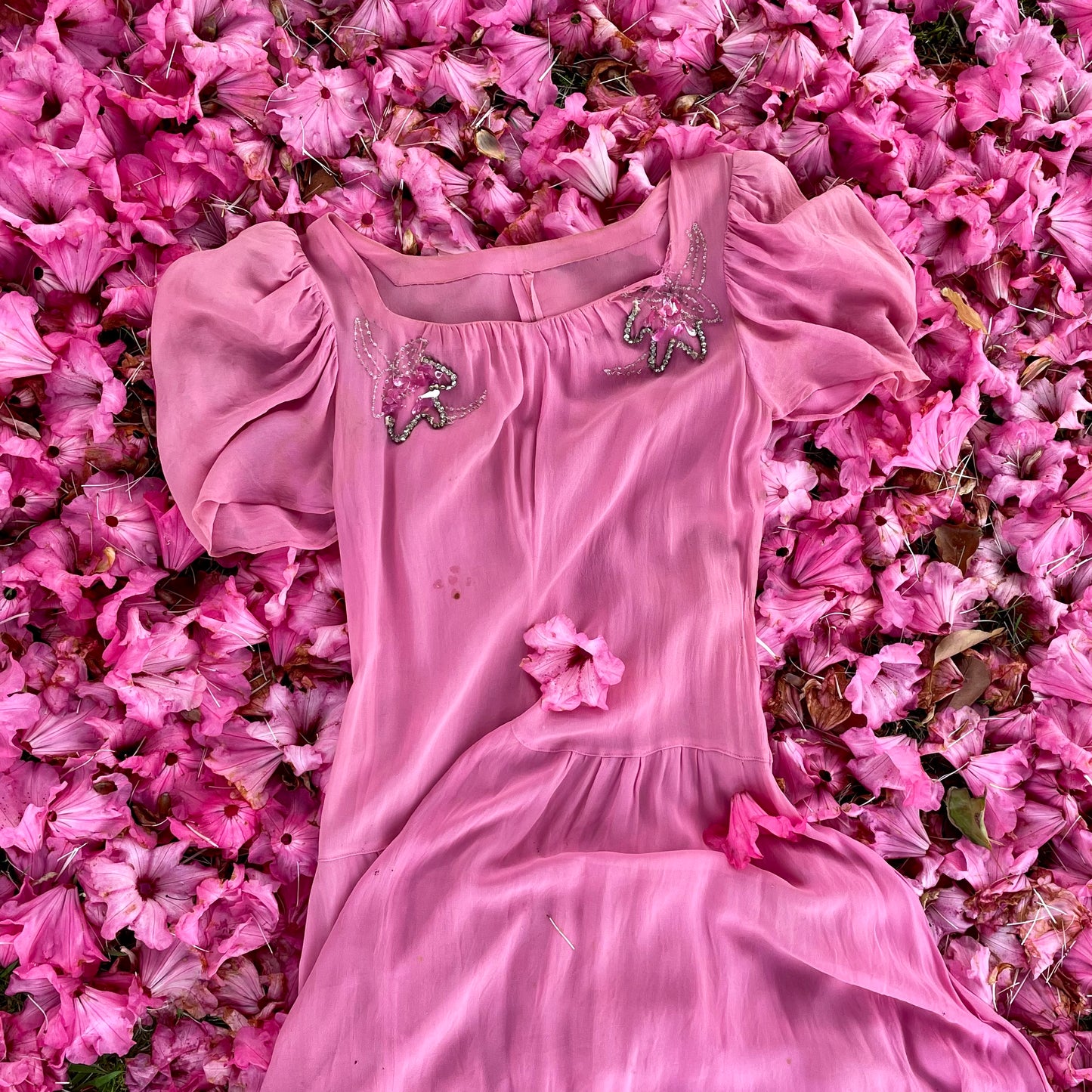 Midsummer Night’s Dream - 1930s sheer pink dress with rhinestones, puff sleeves and bodice buttons down the back