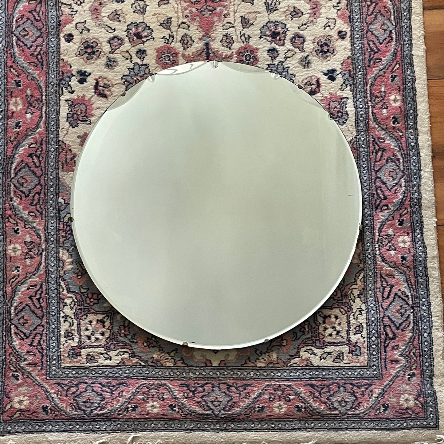 Large round antique Art Deco mirror with scalloped beveles