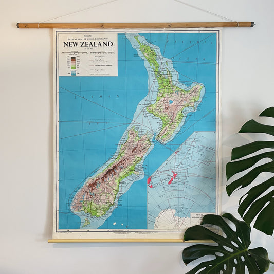 Vintage 1973 large schoolroom map of New Zealand - pull down canvas chart