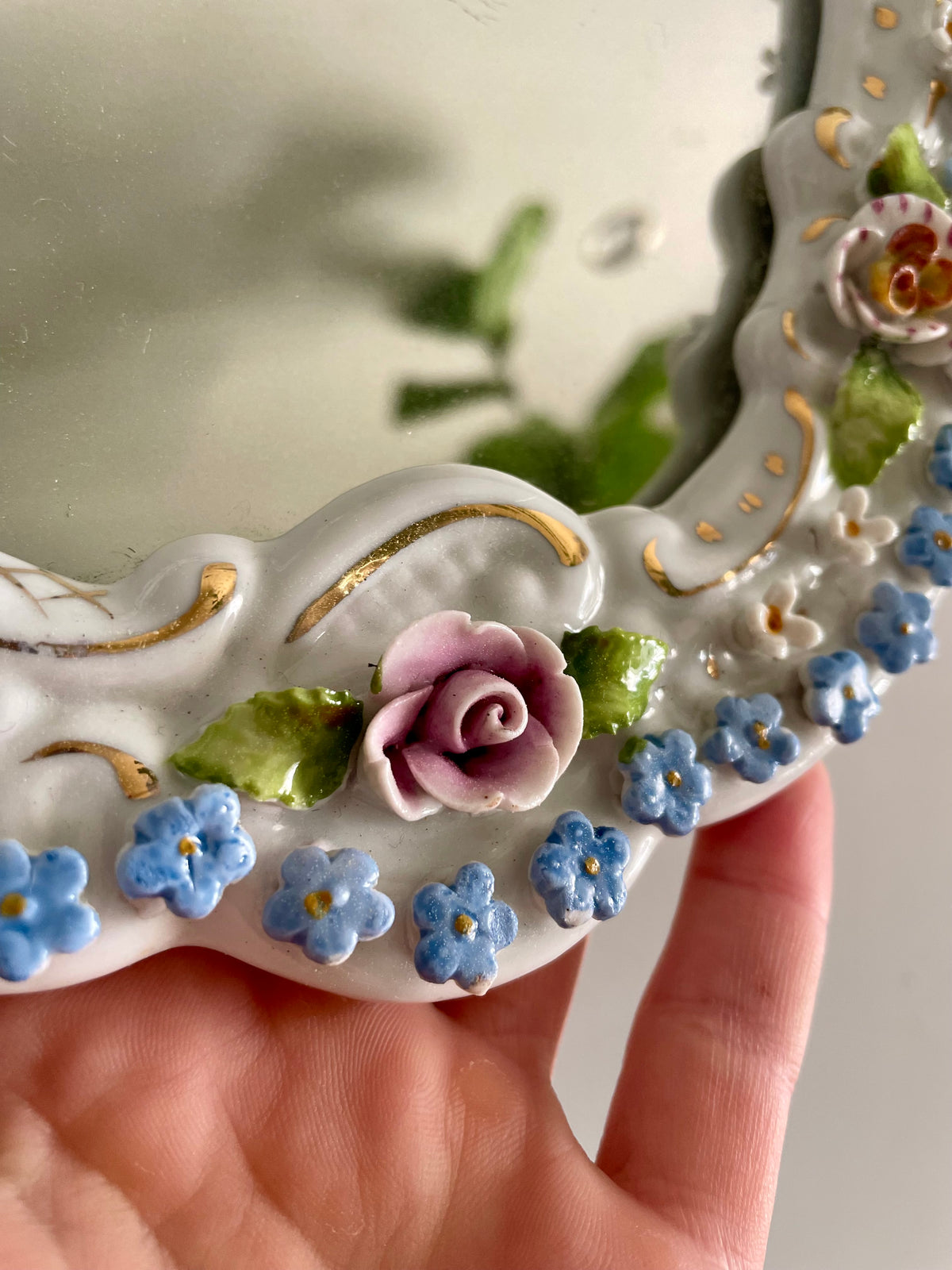 Antique German porcelain mirror - small glass floral mirror