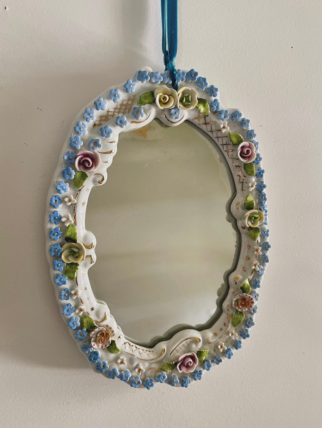 Antique German porcelain mirror - small glass floral mirror