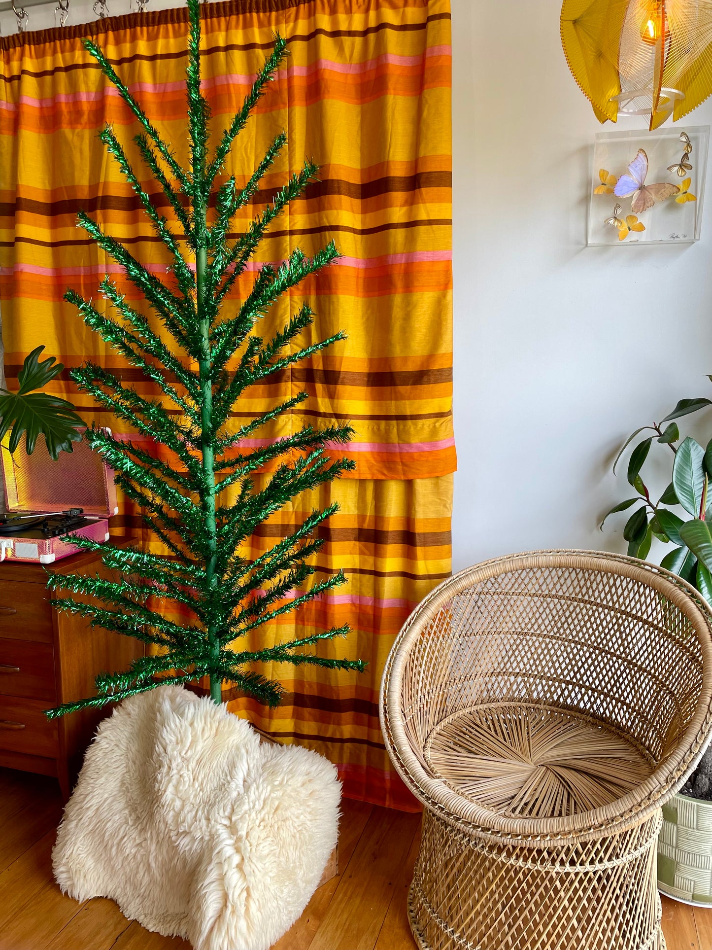 Shiny green vintage Christmas tree - 6 foot midcentury modern aluminum Xmas tree