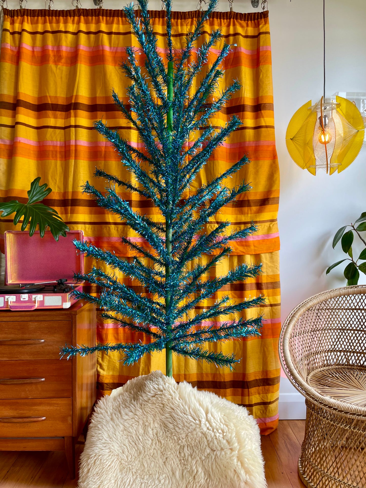 Blue Christmas - vintage aluminum Christmas tree - 6 foot midcentury modern tinsel Xmas tree - blue and green faux Xmas tree