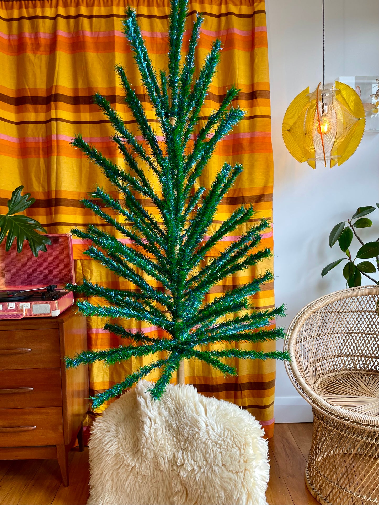 Sparkly vintage blue and green faux Christmas tree - midcentury modern peacock Xmas tree