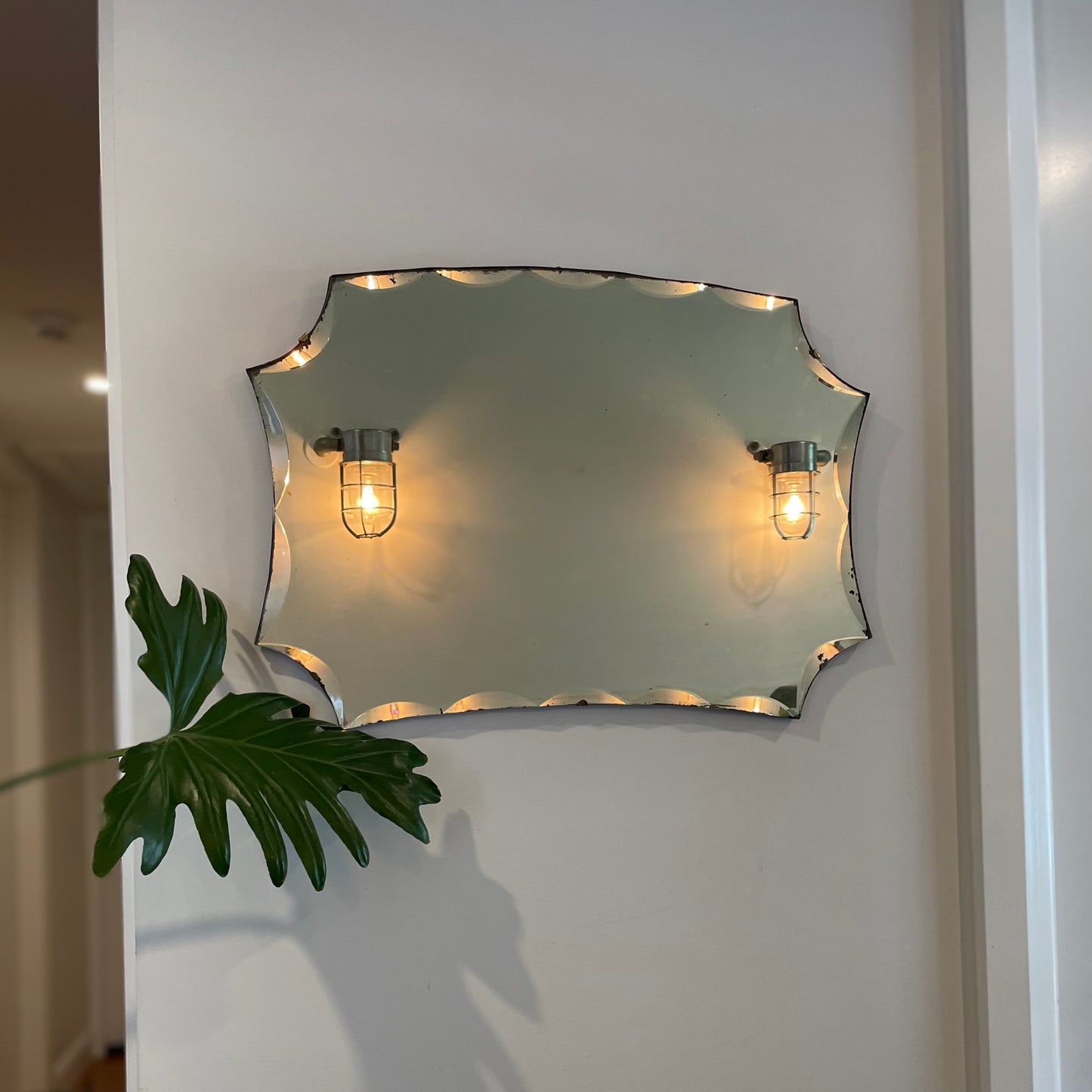 Scalloped Art Deco Mirror - 23.5 inch wide antique frameless mirror