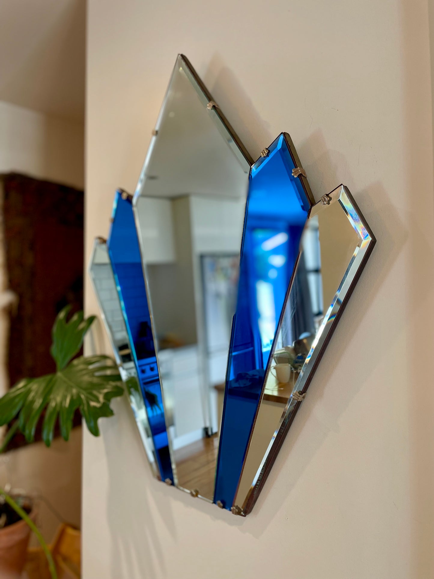 The Cathedral Mirror- Art Deco pointed mirror with cobalt blue glass panels