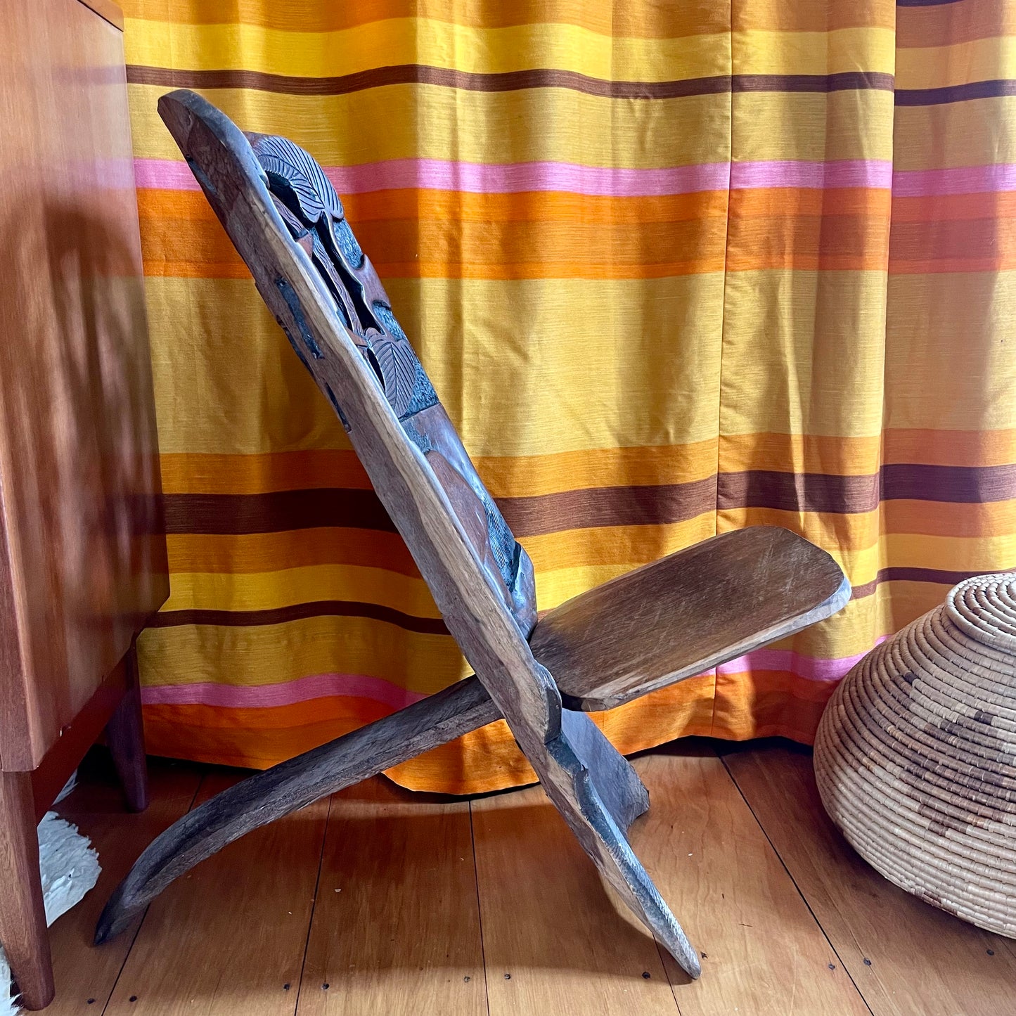African stargazing chair - Vintage miniature wooden chair from Africa with Sun, Star and Rhinoceros - traditiona hand-carved birthing chair