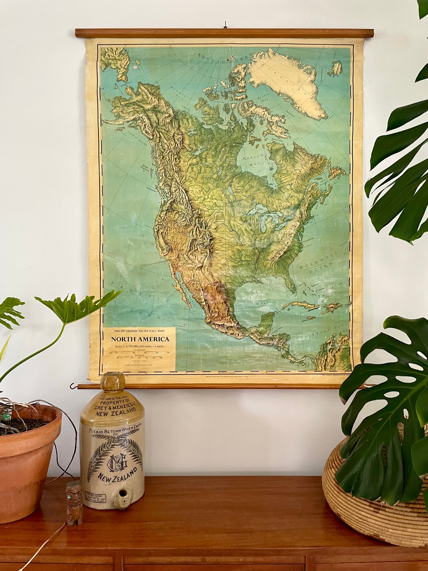 1962 large map of North America - vintage pull down canvas map of Canada USA Greenland Mexico
