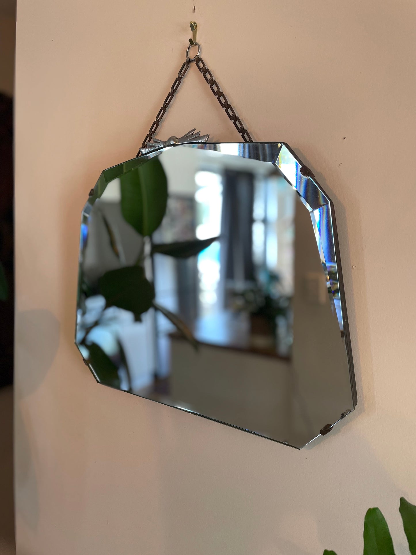 1930s Art Deco mirror with decorative metal topper