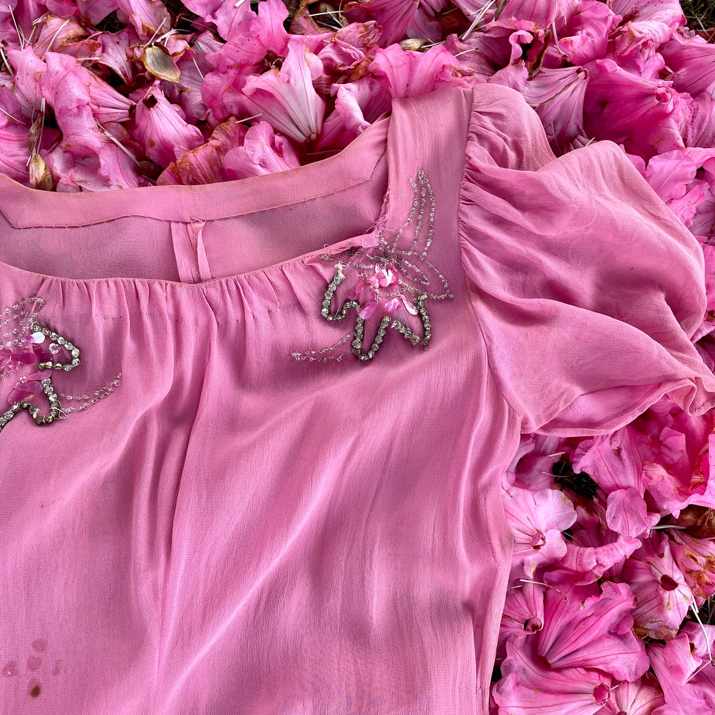 Midsummer Night’s Dream - 1930s sheer pink dress with rhinestones, puff sleeves and bodice buttons down the back