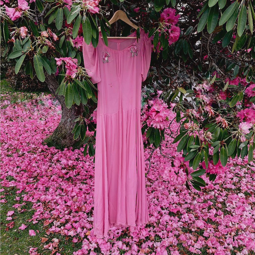 Midsummer Night’s Dream - 1930s sheer pink dress with rhinestones, puff sleeves and bodice buttons down the back