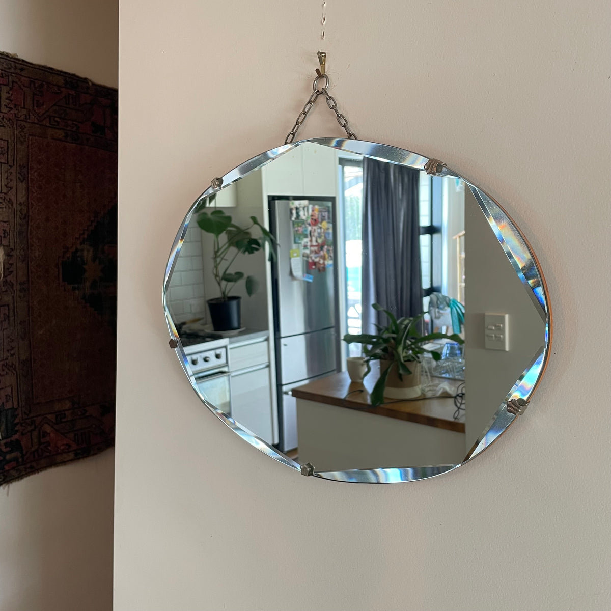 Oval antique mirror - frameless beveled 1930s art deco mirror