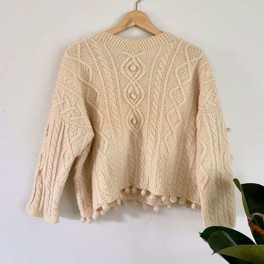 Vintage Roberta Freymann for Bergdorf Goodman handknit wool sweater - cable knit fisherman jumper with pompom details
