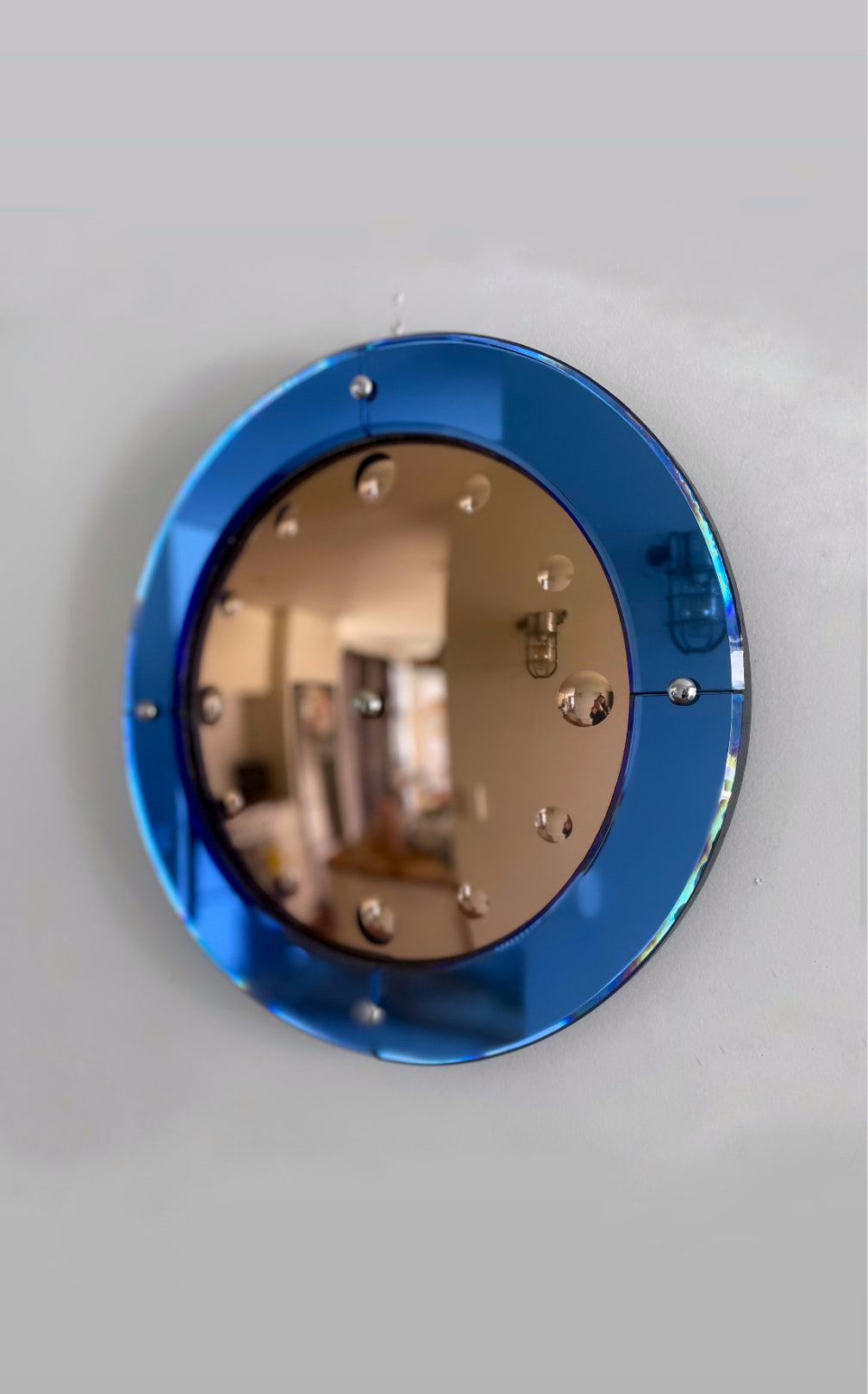 Original Smiths Venus Art Deco clock mirror - Two toned convex blue and pink glass antique bubble mirror