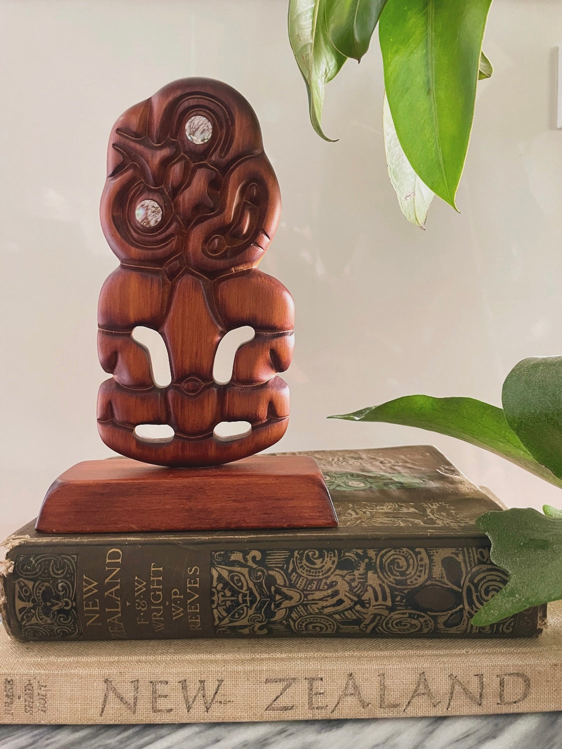 Vintage hand carved Maori Tiki statue with paua shell eyes - made in Rotorua Aotearoa New Zealand