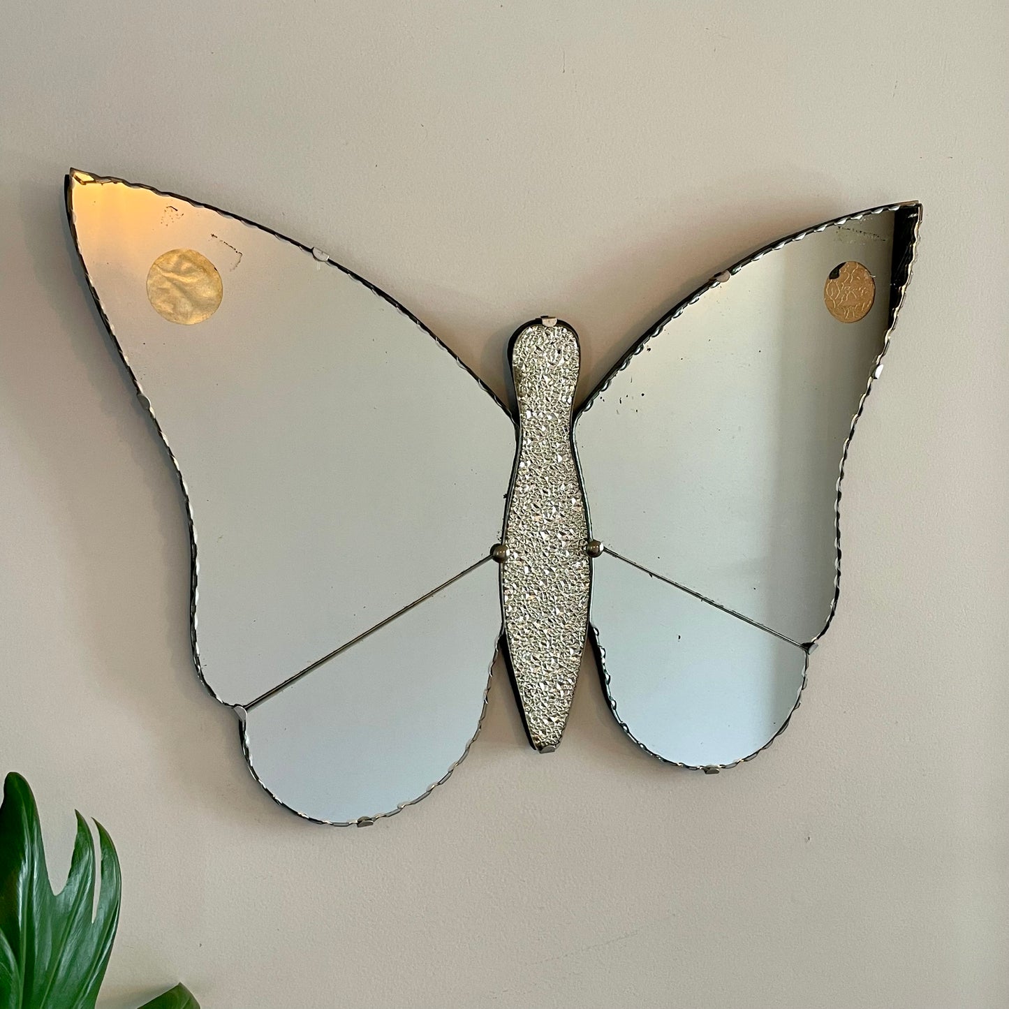 Antique Art Deco Butterfly mirror - vintage frameless beveled mirror shaped like a butterfly