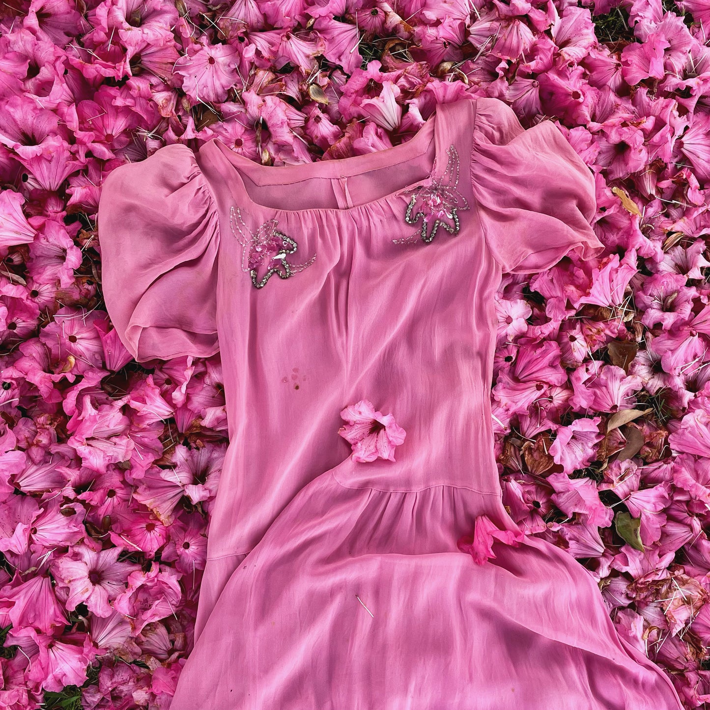 Midsummer Night’s Dream - 1930s sheer pink dress with rhinestones, puff sleeves and bodice buttons down the back