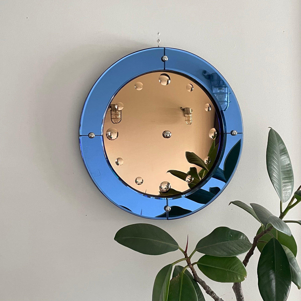 Original Smiths Venus Art Deco clock mirror - Two toned convex blue and pink glass antique bubble mirror