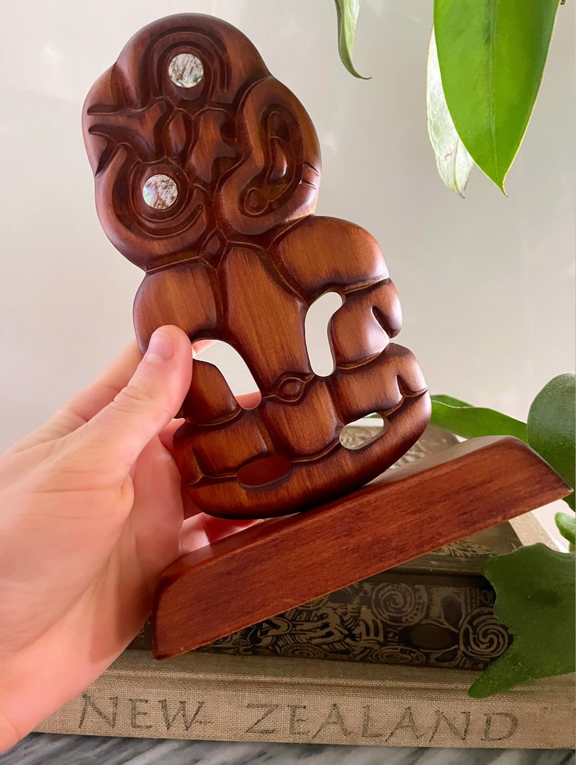 Vintage hand carved Maori Tiki statue with paua shell eyes - made in Rotorua Aotearoa New Zealand