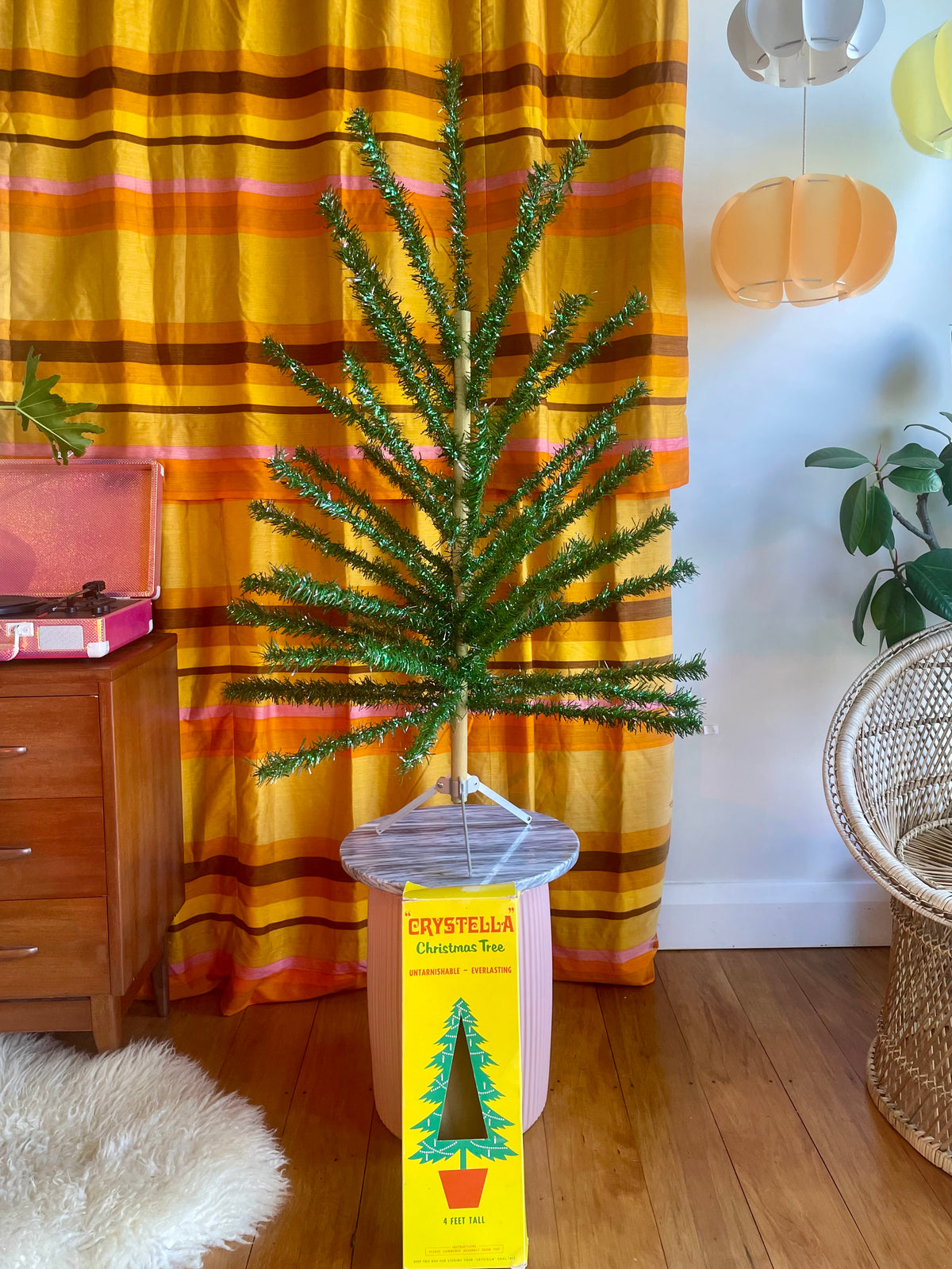 Authentic MCM vintage Christmas tree with original box / vintage artificial green tinsel tree