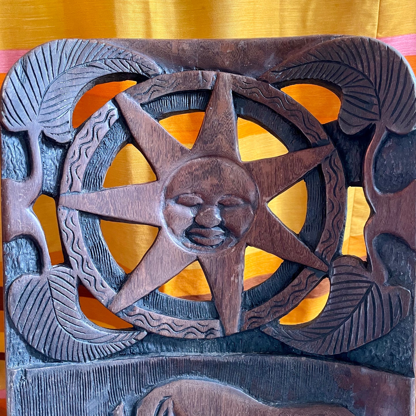 African stargazing chair - Vintage miniature wooden chair from Africa with Sun, Star and Rhinoceros - traditiona hand-carved birthing chair