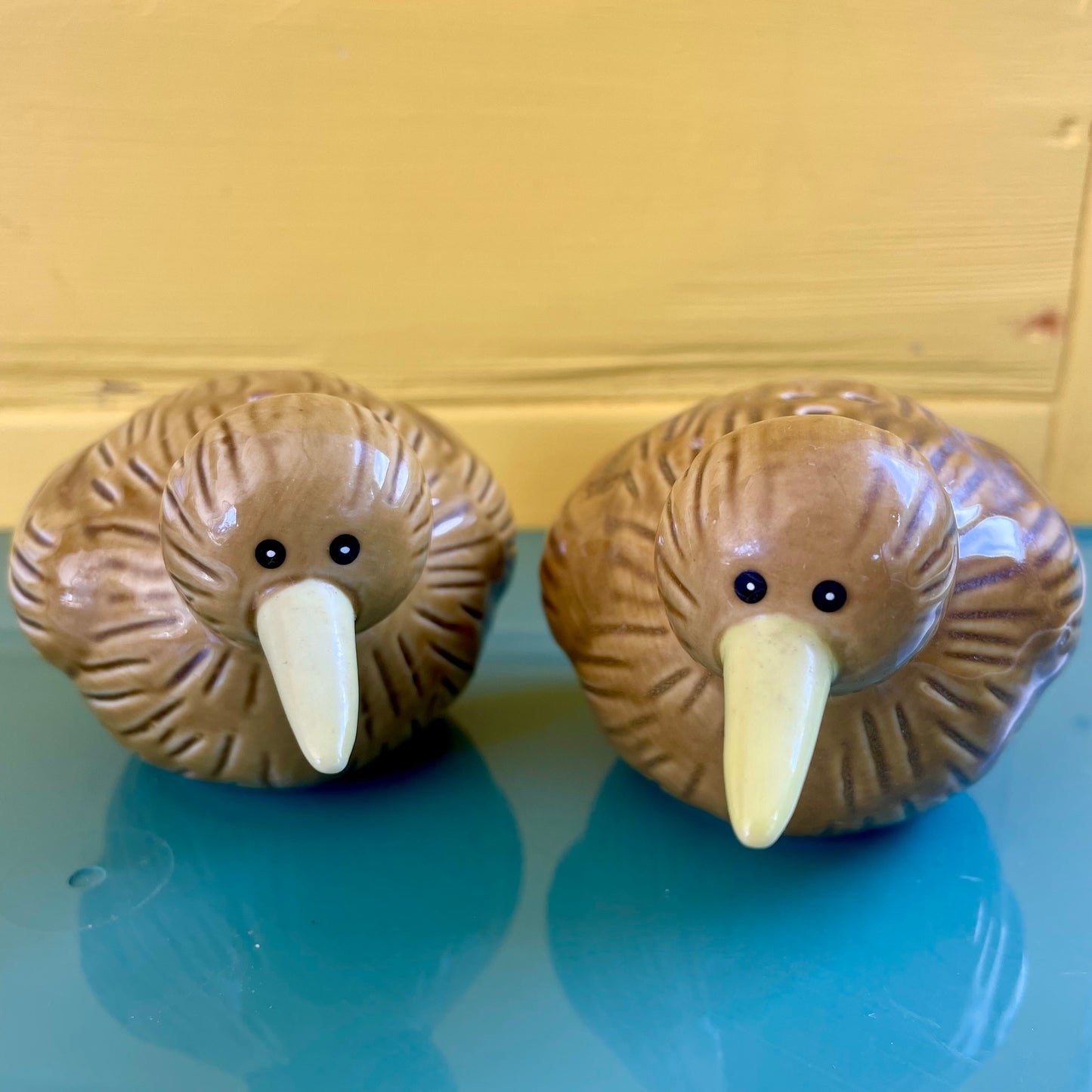 Cute little pair of New Zealand Kiwi sat and pepper shakers - vintage kitchy collectible salt and pepper shakers
