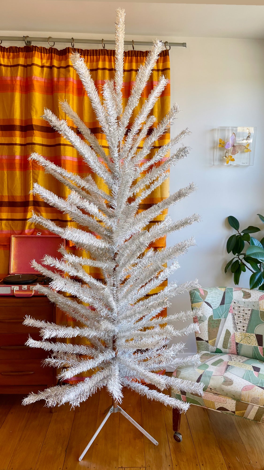 Fairy light tree - 7 foot Vintage silver & white sparkly Christmas tree - midcentury modern aluminum xmas tree