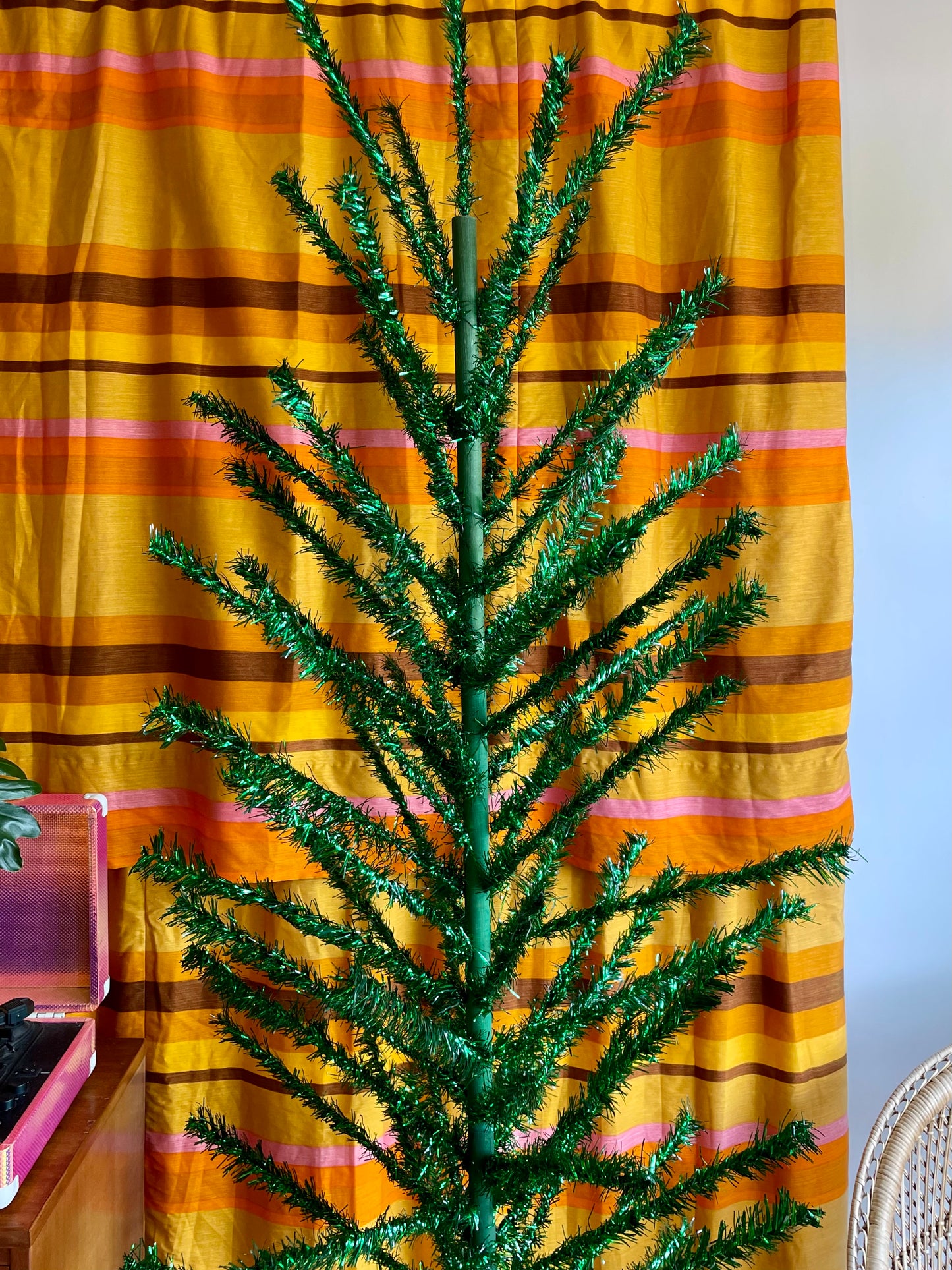 Shiny green vintage Christmas tree - 6 foot midcentury modern aluminum Xmas tree
