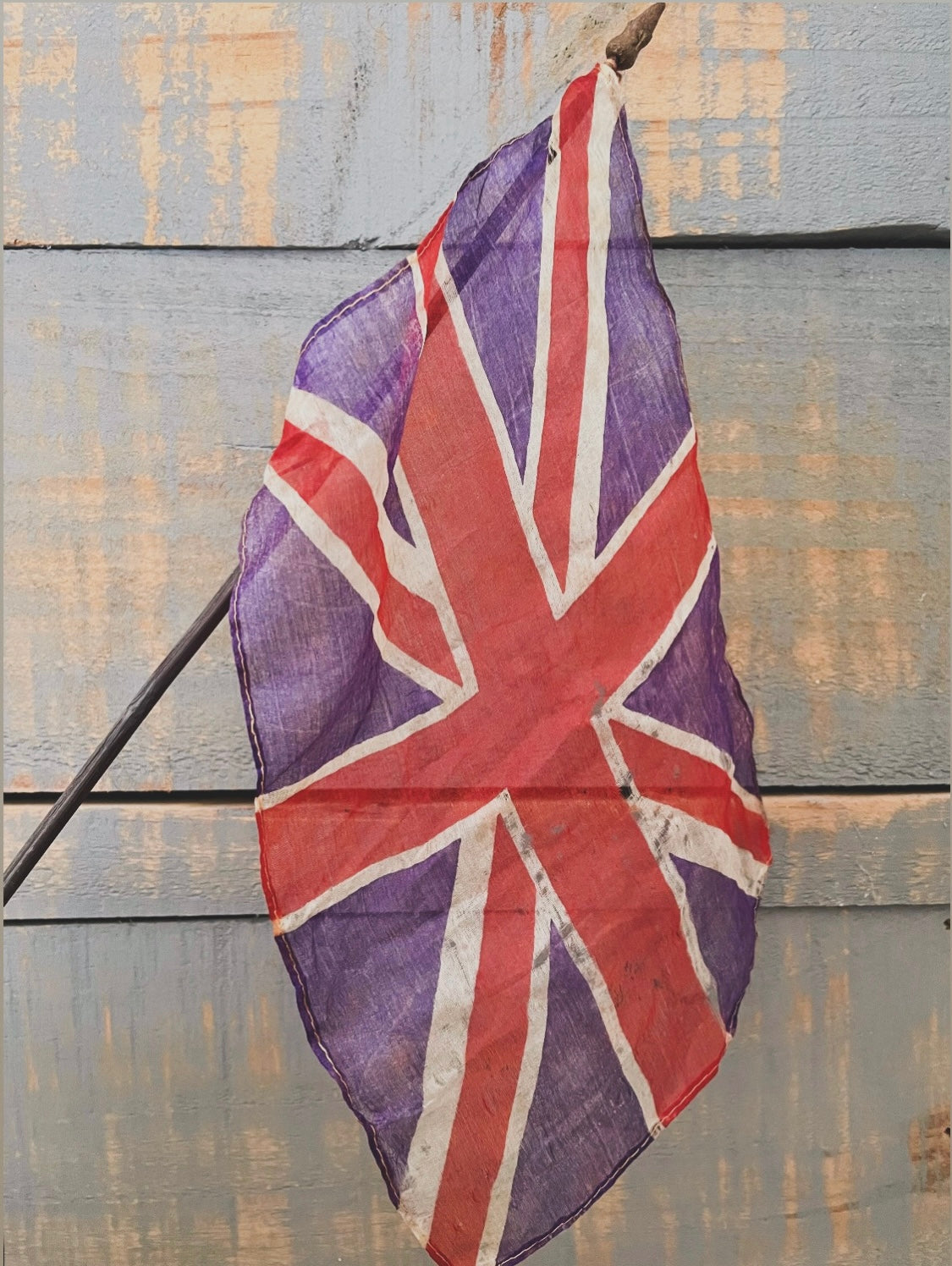 Antique silk United Kingdom parade flag, small ceremonial UK waving flag on stick