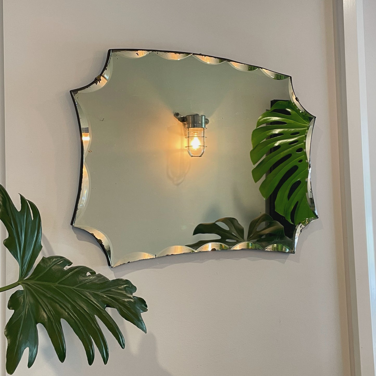 Scalloped Art Deco Mirror - 23.5 inch wide antique frameless mirror