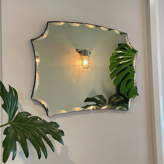 Scalloped Art Deco Mirror - 23.5 inch wide antique frameless mirror