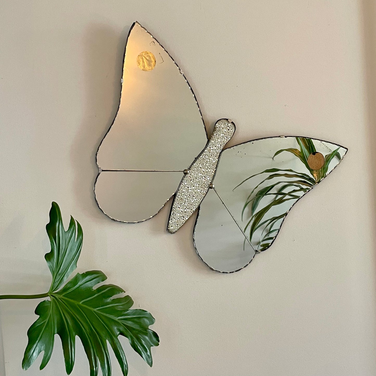 Antique Art Deco Butterfly mirror - vintage frameless beveled mirror shaped like a butterfly