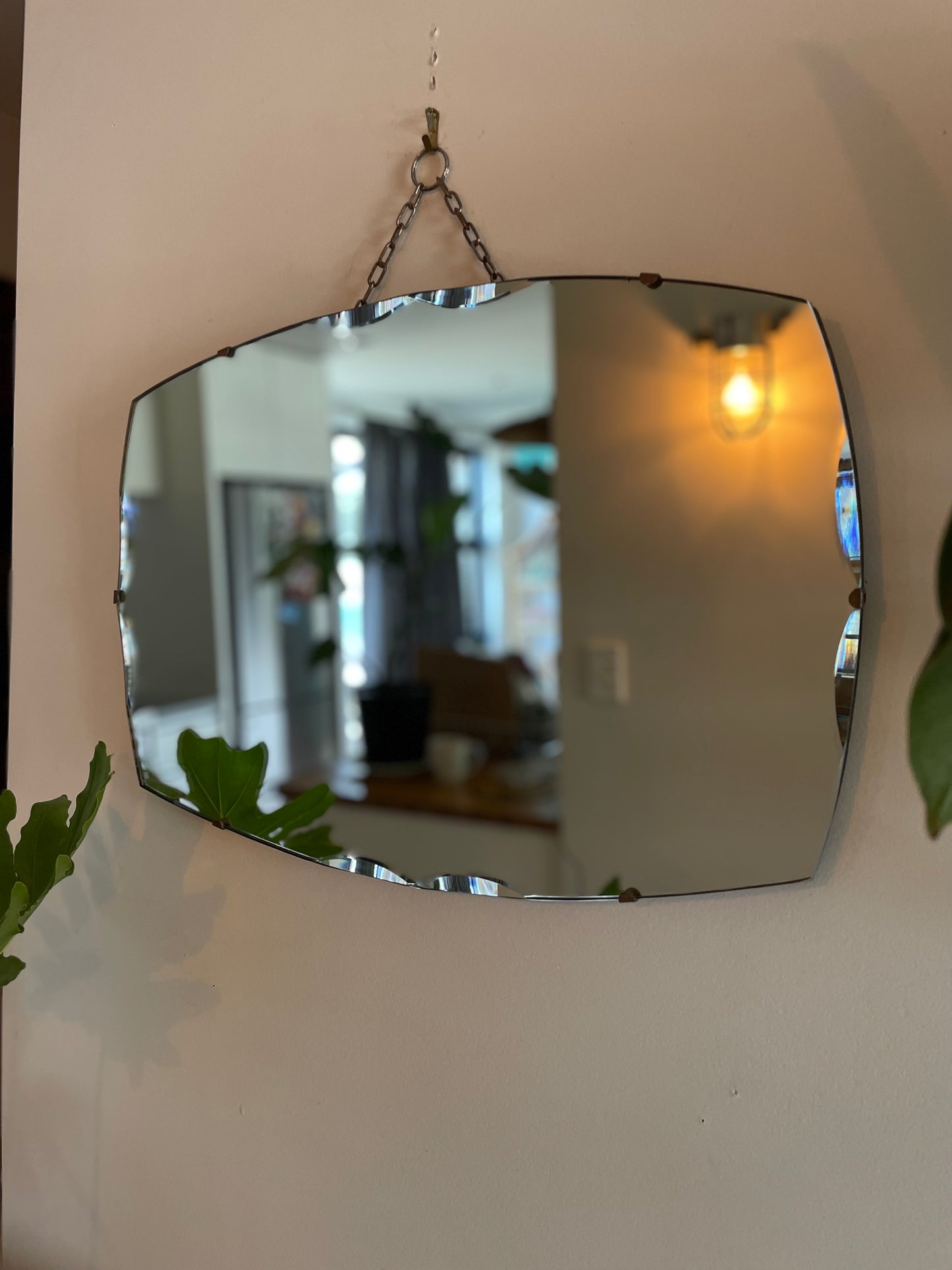 Frameless art deco mirror with scalloped beveled edges - retro mirror