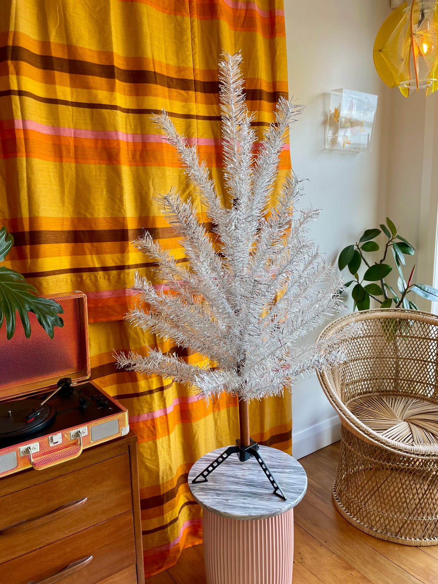 The Silver Bullet- 4 foot Vintage white and silver Christmas tree - midcentury modern stainless tinsel xmas tree