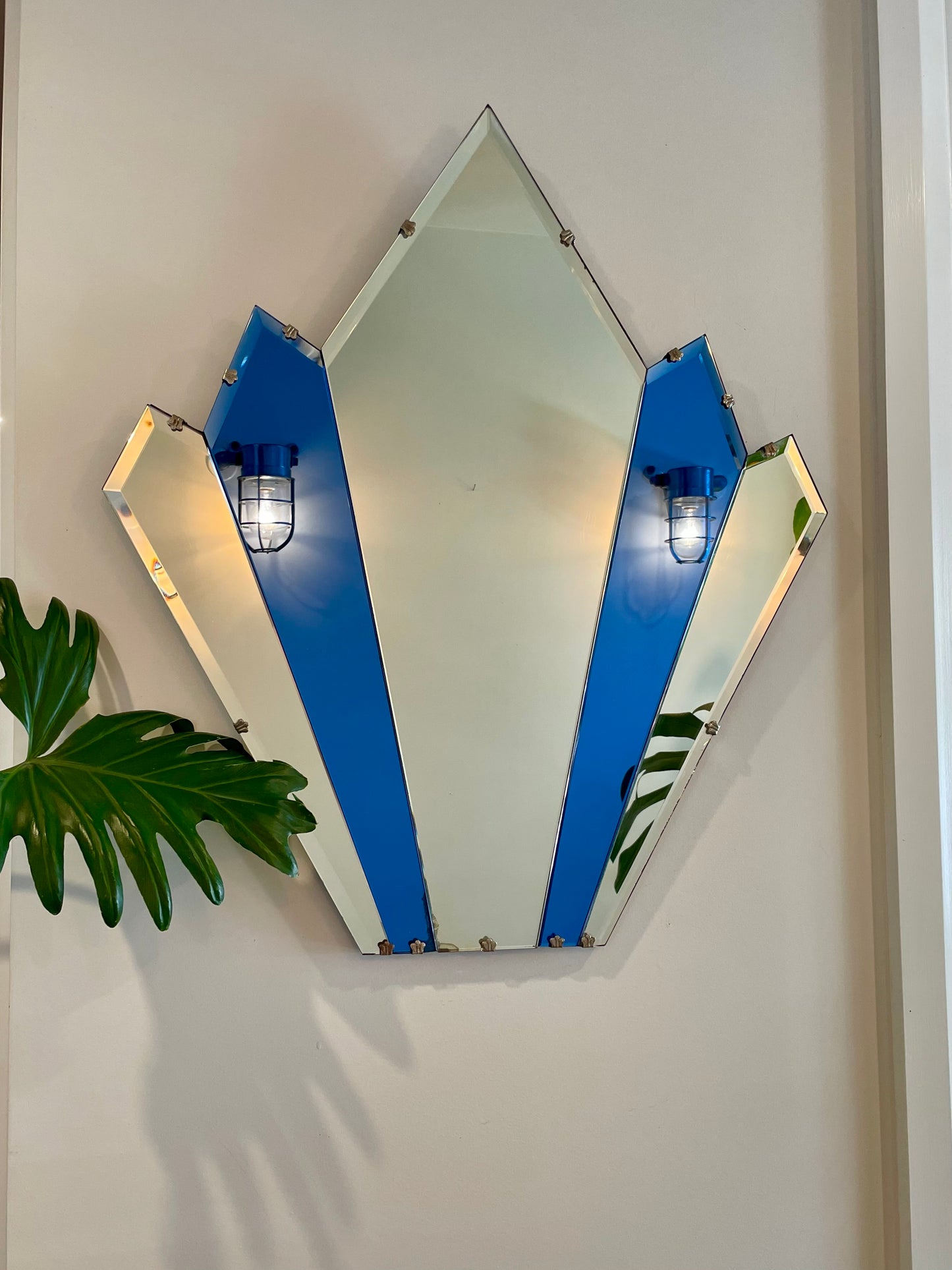 The Cathedral Mirror- Art Deco pointed mirror with cobalt blue glass panels
