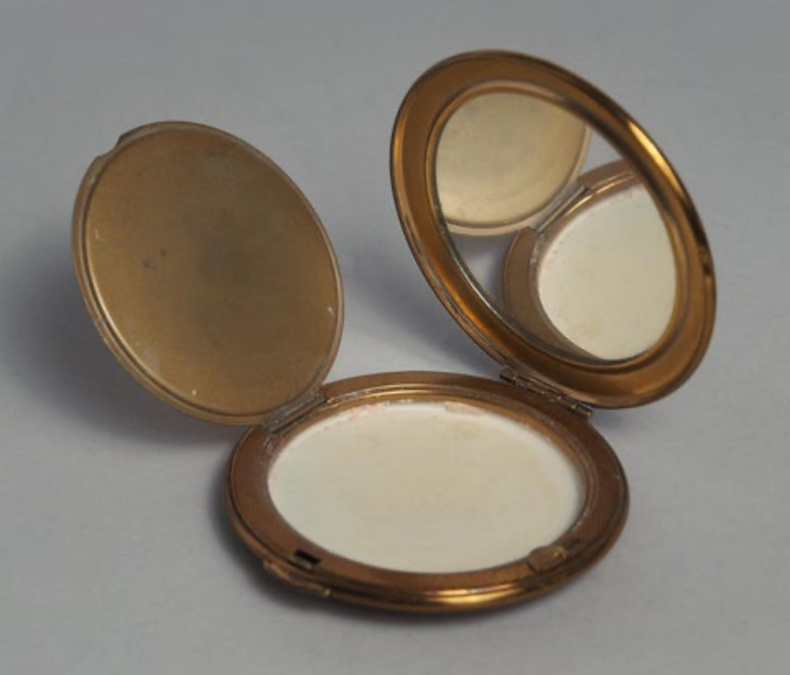 Antique brass compact mirror engraved with kiwi and map of New Zealand - souvenir makeup powder compact