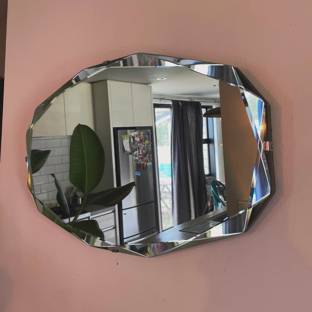 Art deco mirror with diamond faceted beveled edges and 12 sides - horizontal