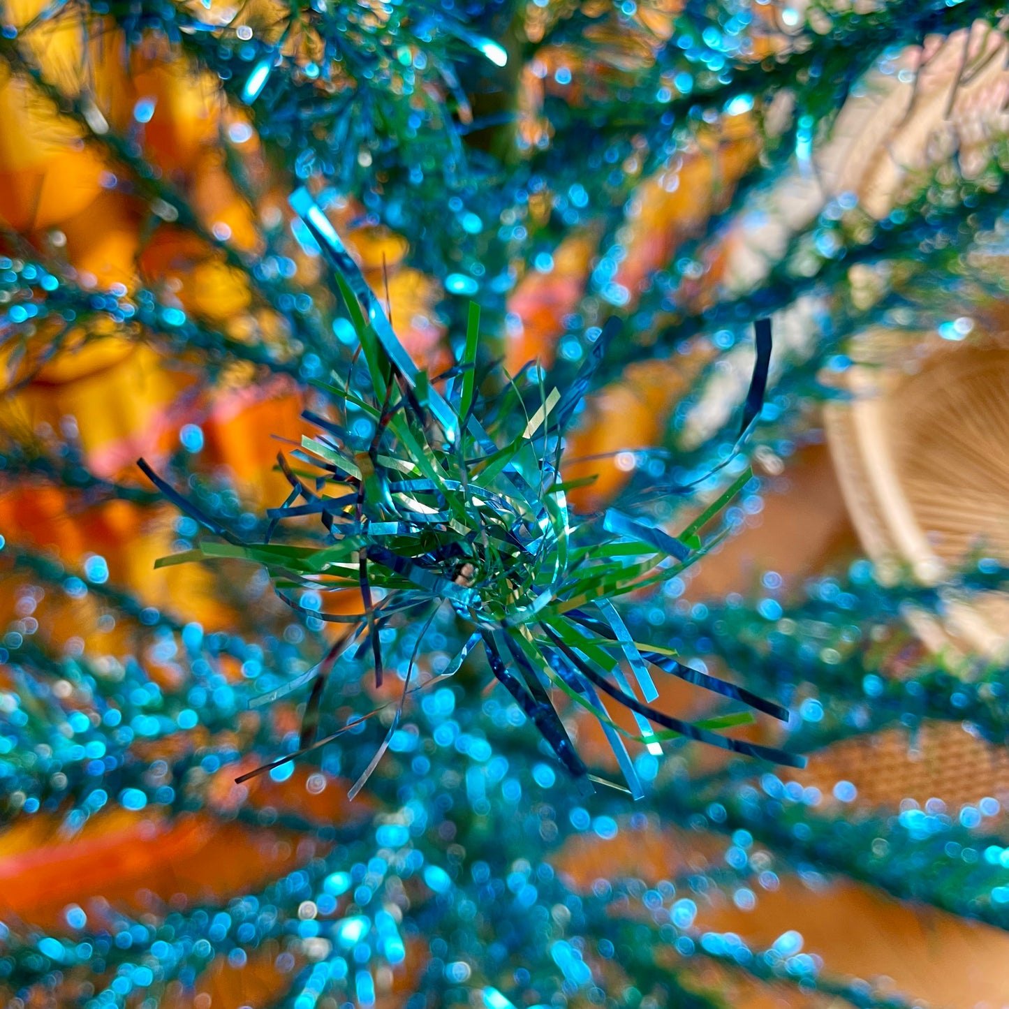 Blue Christmas - vintage aluminum Christmas tree - 6 foot midcentury modern tinsel Xmas tree - blue and green faux Xmas tree