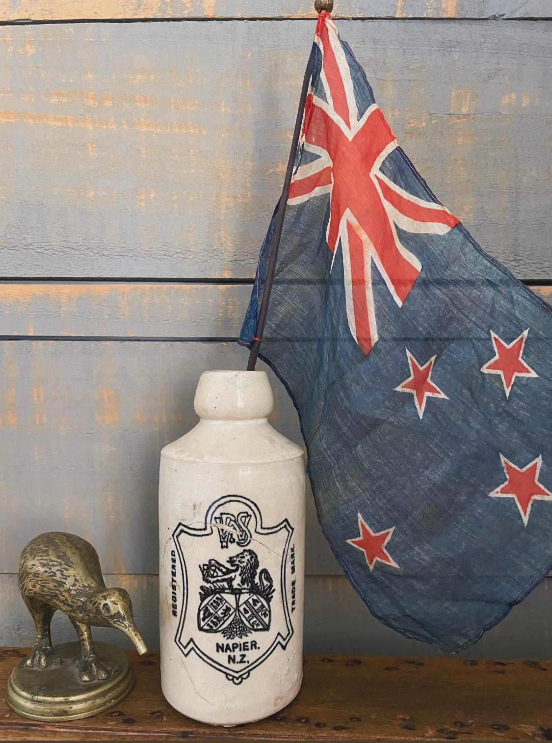 Antique silk parade flag of New Zealand, small ceremonial waving flag on stick