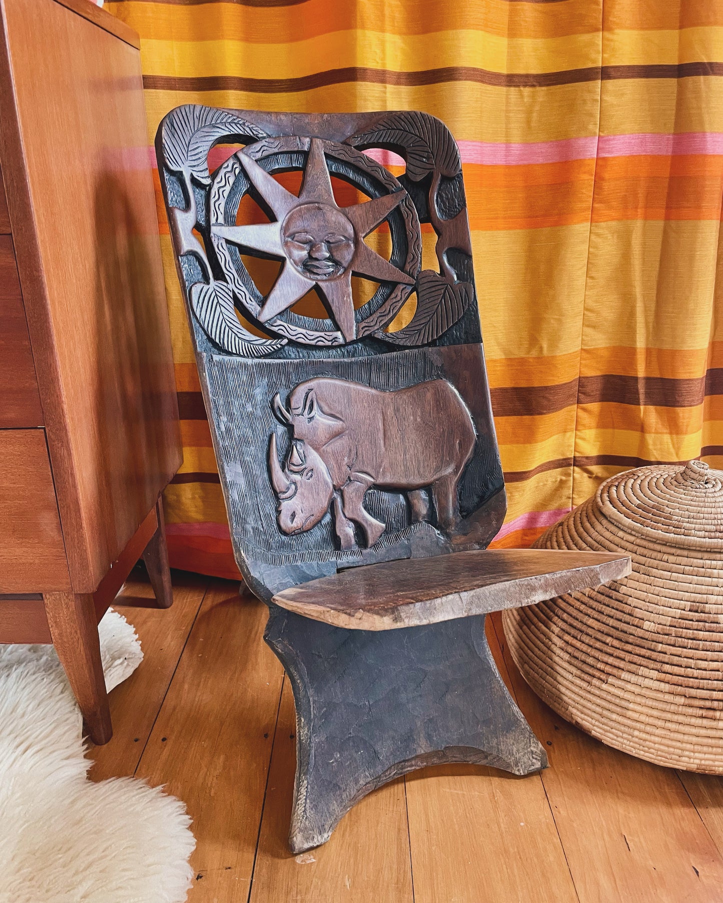 African stargazing chair - Vintage miniature wooden chair from Africa with Sun, Star and Rhinoceros - traditiona hand-carved birthing chair