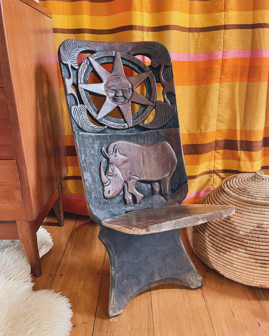 African stargazing chair - Vintage miniature wooden chair from Africa with Sun, Star and Rhinoceros - traditiona hand-carved birthing chair