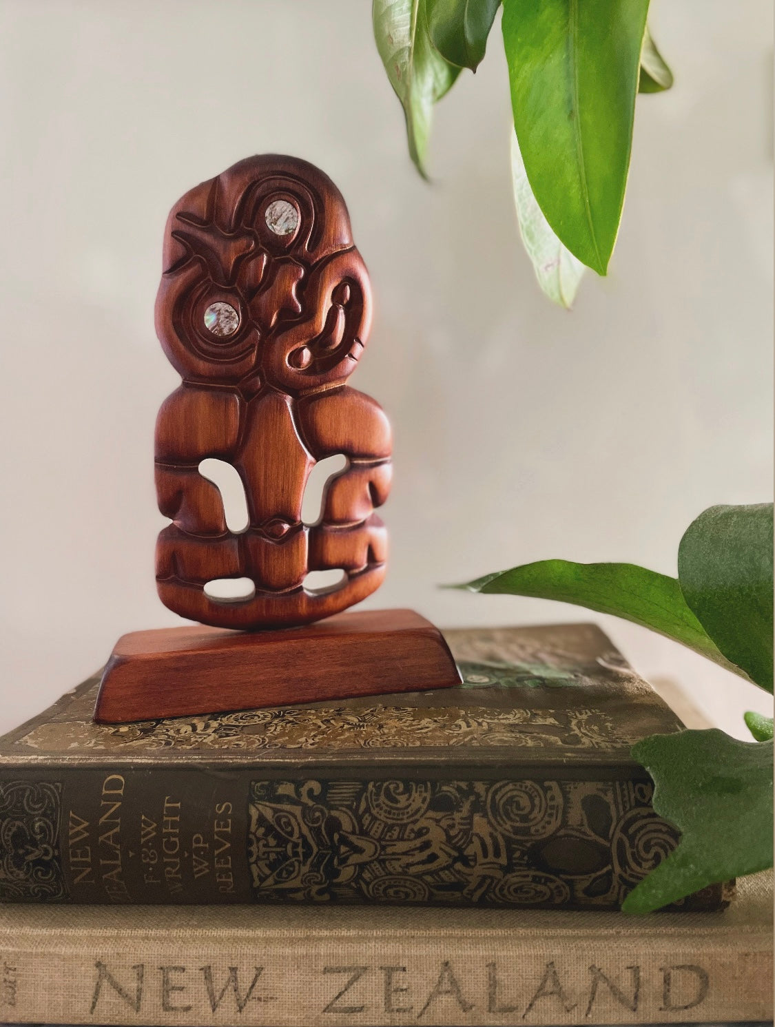 Vintage hand carved Maori Tiki statue with paua shell eyes - made in Rotorua Aotearoa New Zealand