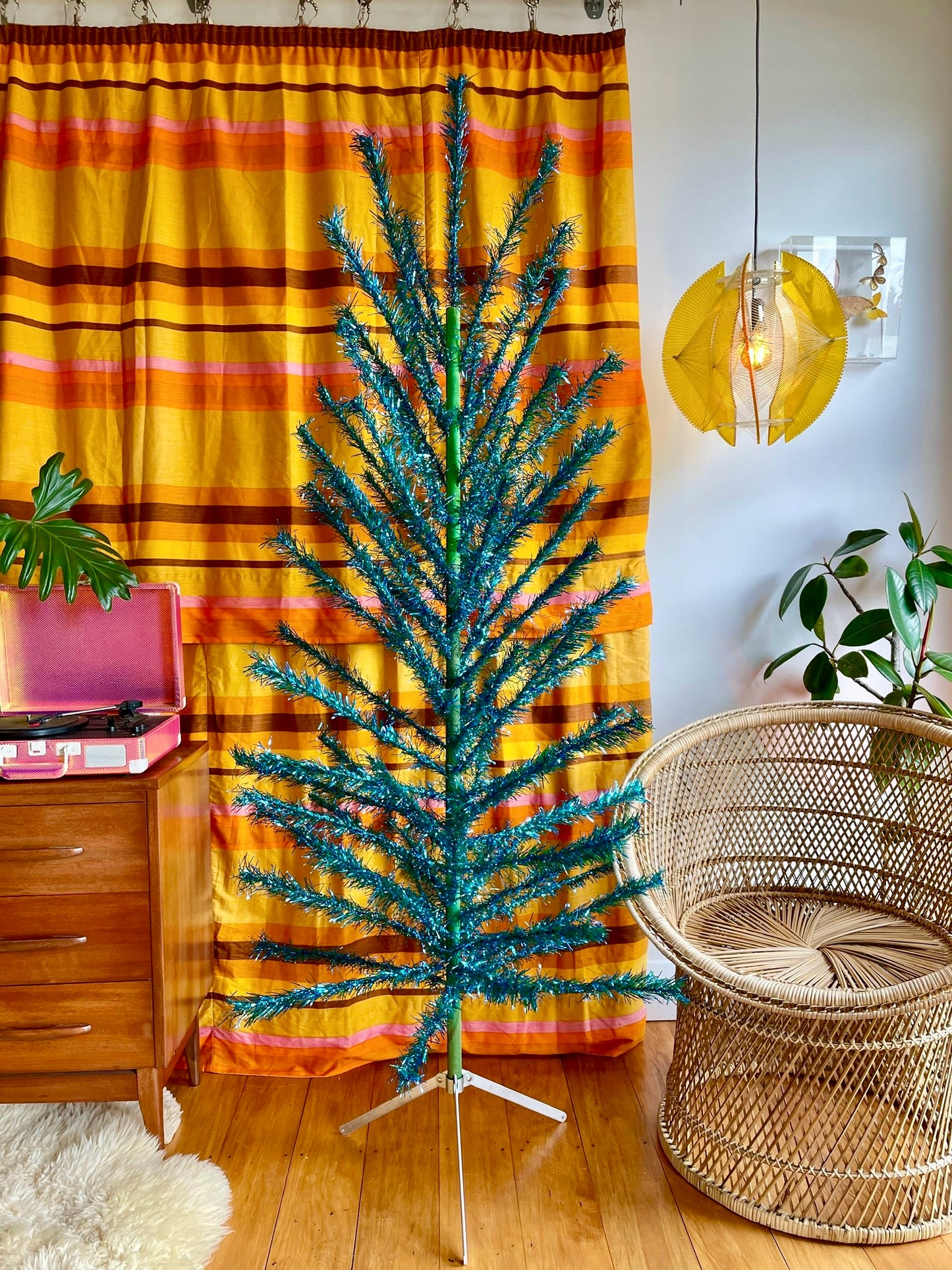 Blue Christmas - vintage aluminum Christmas tree - 6 foot midcentury modern tinsel Xmas tree - blue and green faux Xmas tree