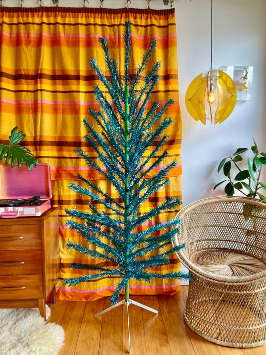Blue Christmas - vintage aluminum Christmas tree - 6 foot midcentury modern tinsel Xmas tree - blue and green faux Xmas tree