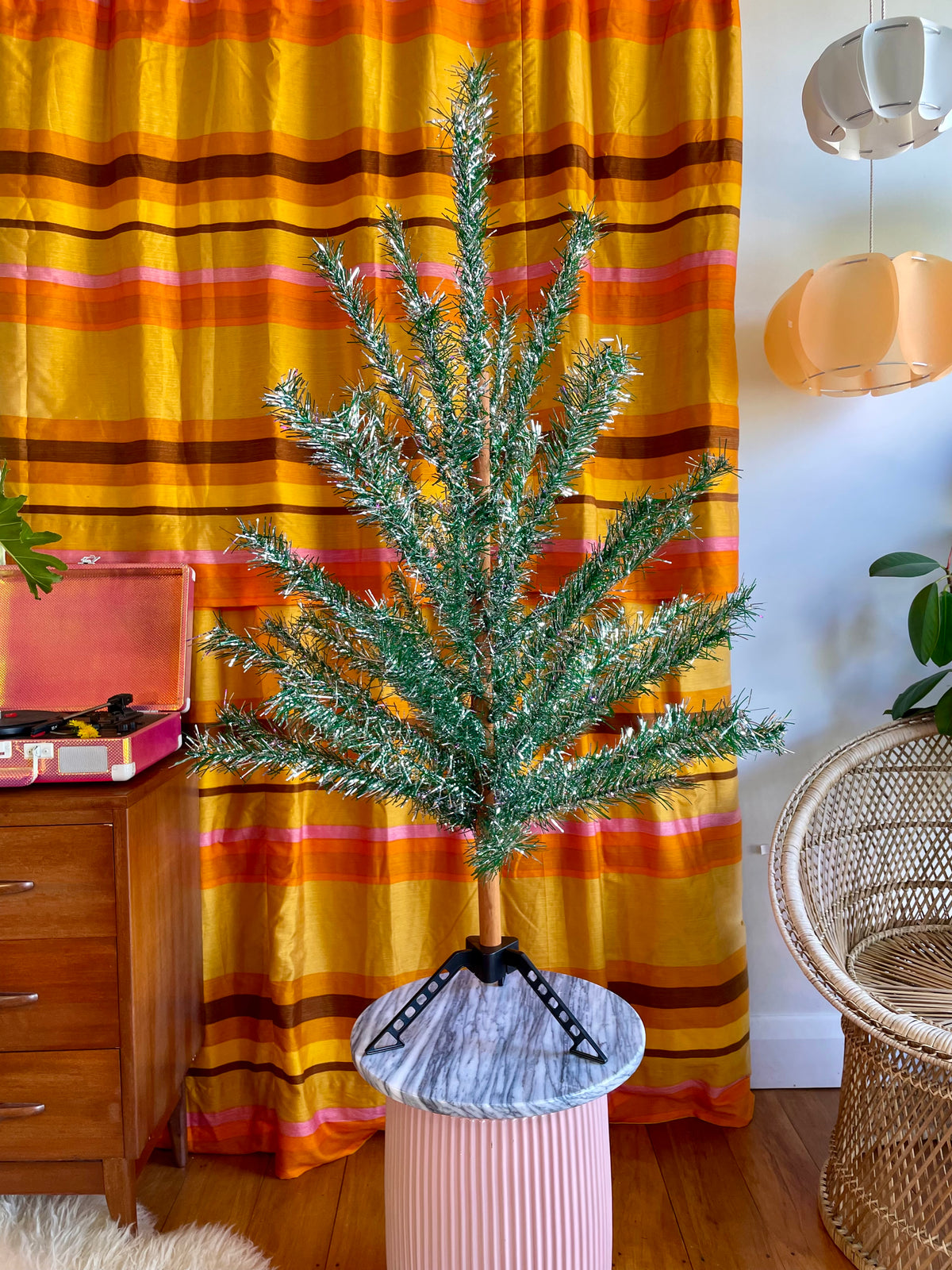 Tinselite Tree - Authentic vintage midcentury modern Christmas tree / retro silver and green tinsel tree