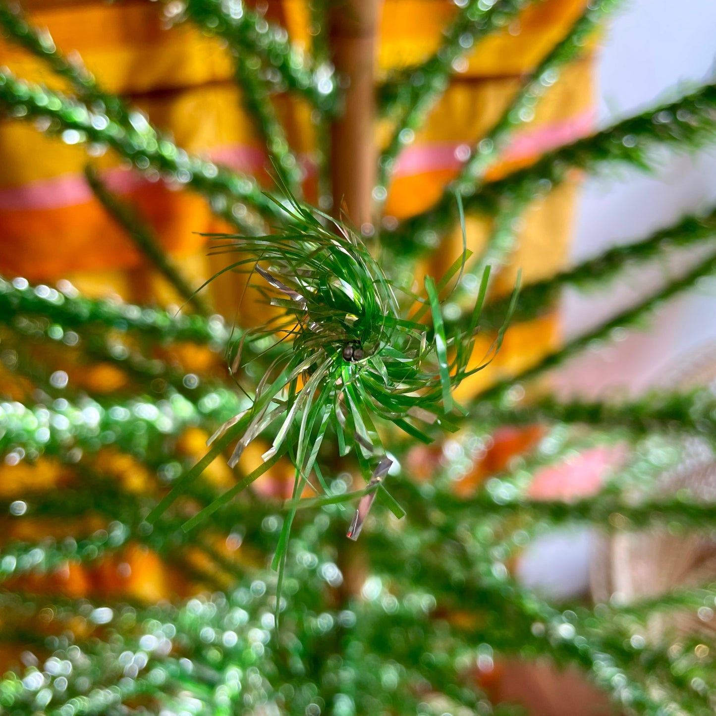 Lime green vintage Christmas tree - 6 foot midcentury modern aluminum Xmas tree - sparkly silver and green